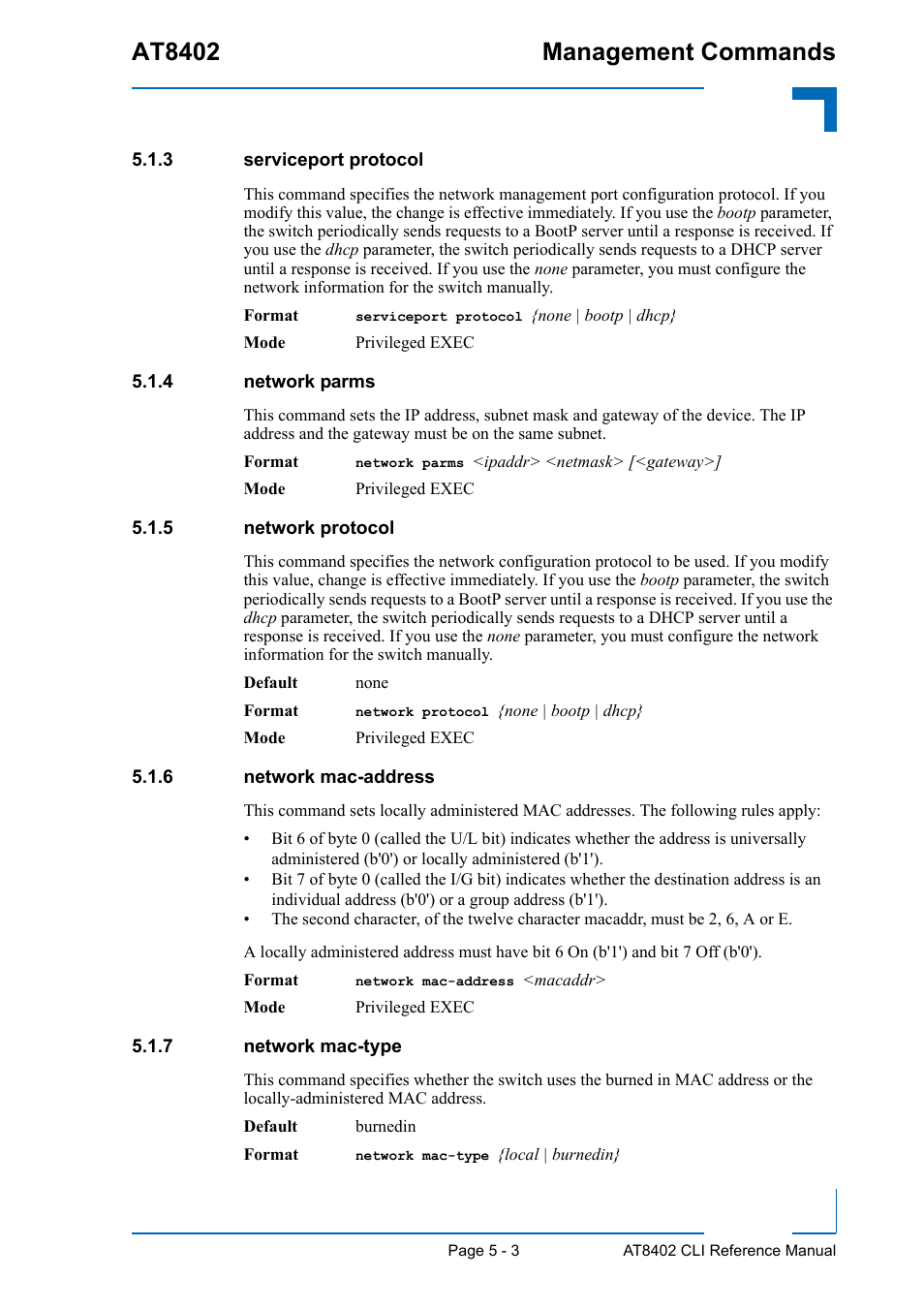 3 serviceport protocol, 4 network parms, 5 network protocol | 6 network mac-address, 7 network mac-type, Serviceport protocol - 3, Network parms - 3, Network protocol - 3, Network mac-address - 3, Network mac-type - 3 | Kontron AT8402 CLI User Manual | Page 193 / 253