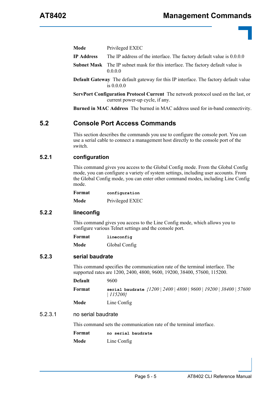 2 console port access commands, 1 configuration, 2 lineconfig | 3 serial baudrate, 2 console port access commands - 5, Configuration - 5, Lineconfig - 5, Serial baudrate - 5, At8402 management commands | Kontron AT8402 CLI User Manual | Page 195 / 253