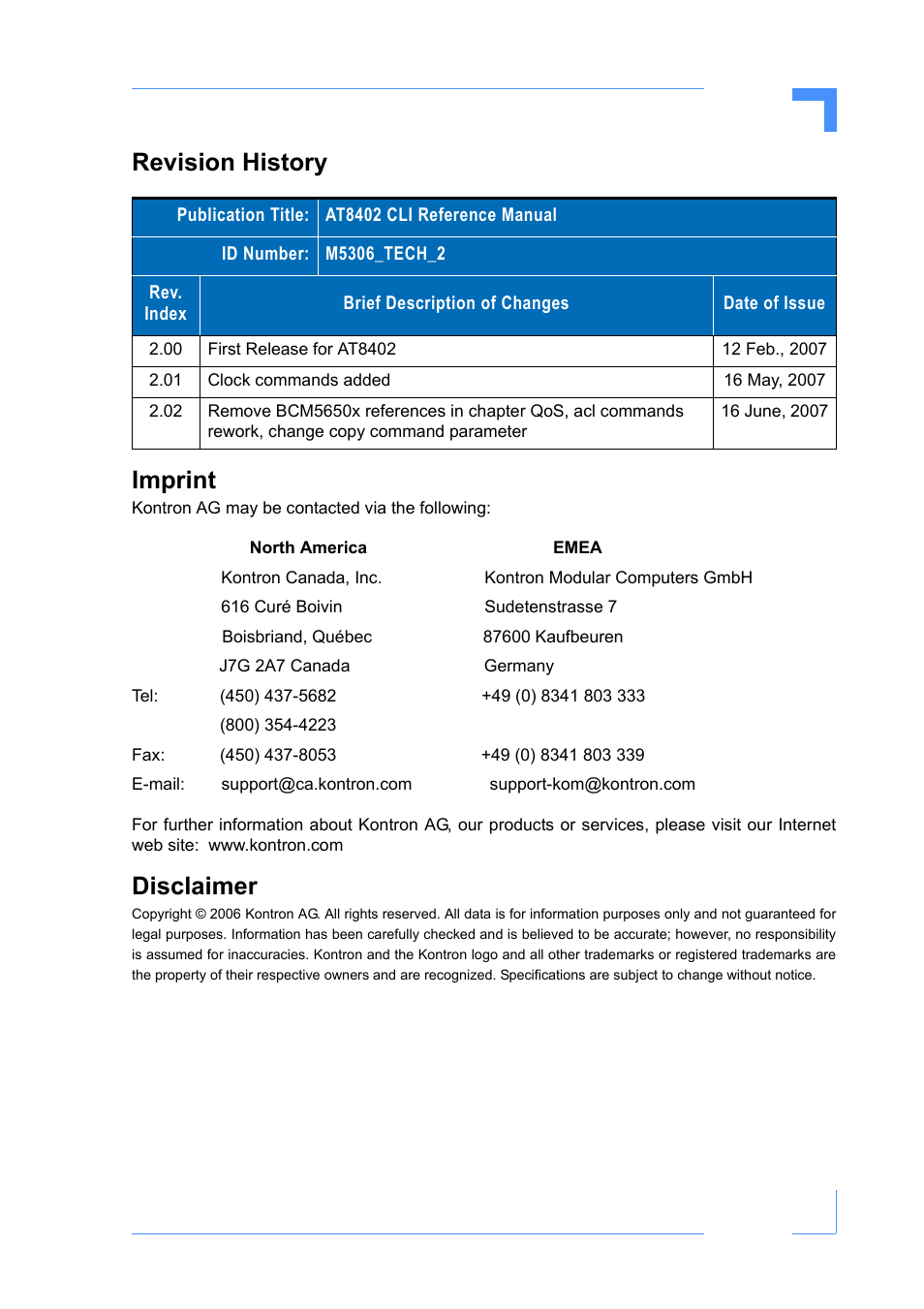 Revision history, Imprint, Disclaimer | Revision history imprint | Kontron AT8402 CLI User Manual | Page 2 / 253