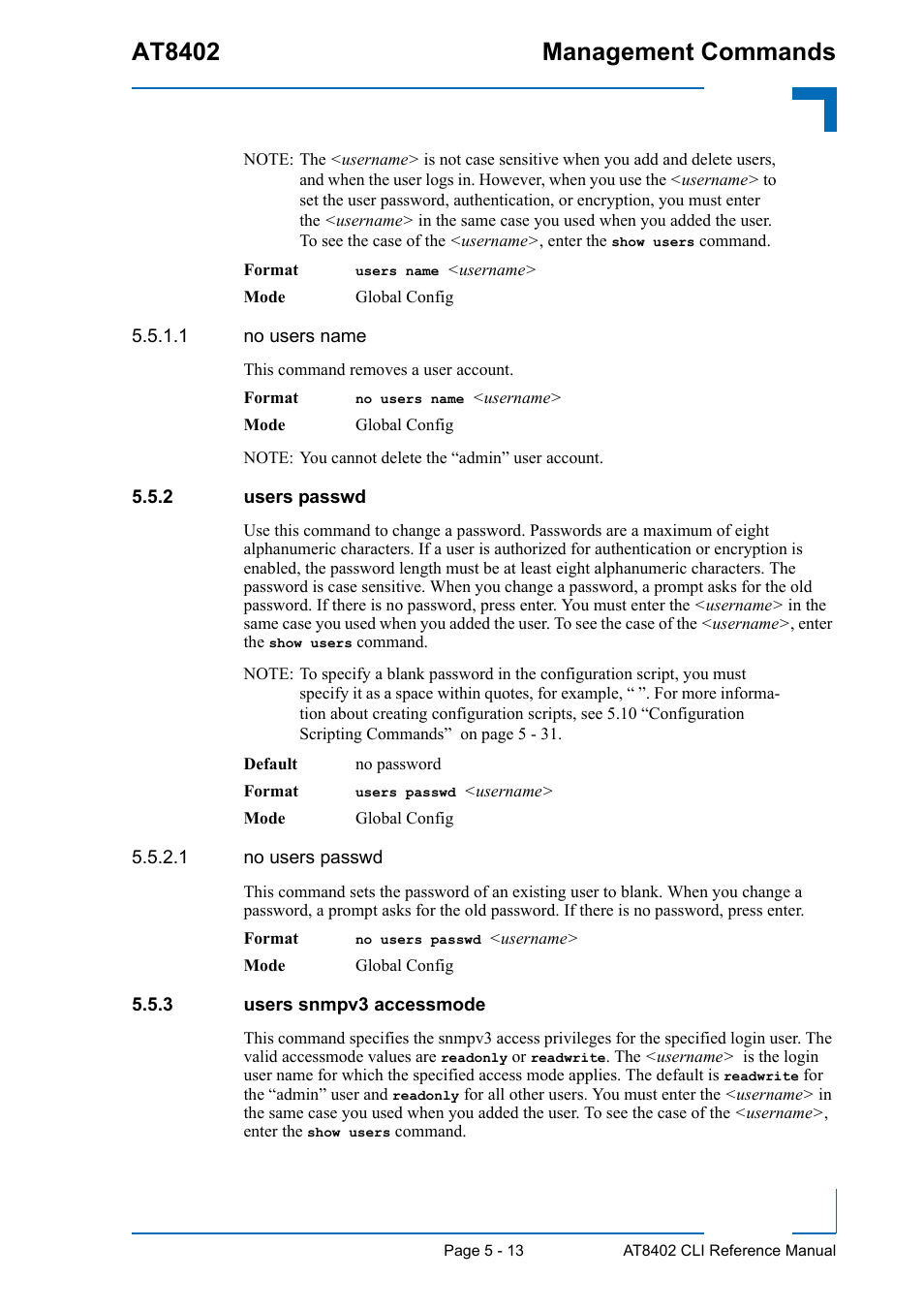 2 users passwd, 3 users snmpv3 accessmode, Users passwd - 13 | Users snmpv3 accessmode - 13, At8402 management commands | Kontron AT8402 CLI User Manual | Page 203 / 253