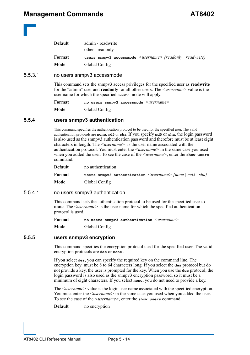 4 users snmpv3 authentication, 5 users snmpv3 encryption, Users snmpv3 authentication - 14 | Users snmpv3 encryption - 14, Management commands at8402 | Kontron AT8402 CLI User Manual | Page 204 / 253