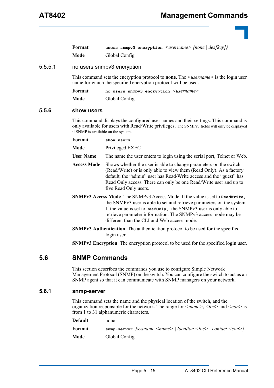 6 show users, 6 snmp commands, 1 snmp-server | Show users - 15, 6 snmp commands - 15, Snmp-server - 15, At8402 management commands | Kontron AT8402 CLI User Manual | Page 205 / 253