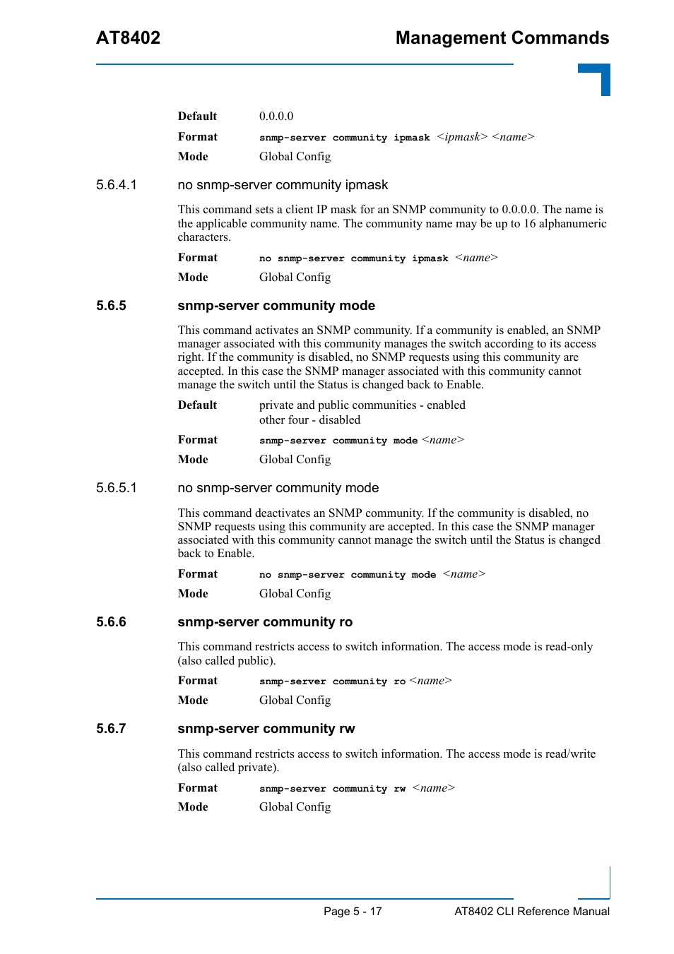 5 snmp-server community mode, 6 snmp-server community ro, 7 snmp-server community rw | Snmp-server community mode - 17, Snmp-server community ro - 17, Snmp-server community rw - 17, At8402 management commands | Kontron AT8402 CLI User Manual | Page 207 / 253