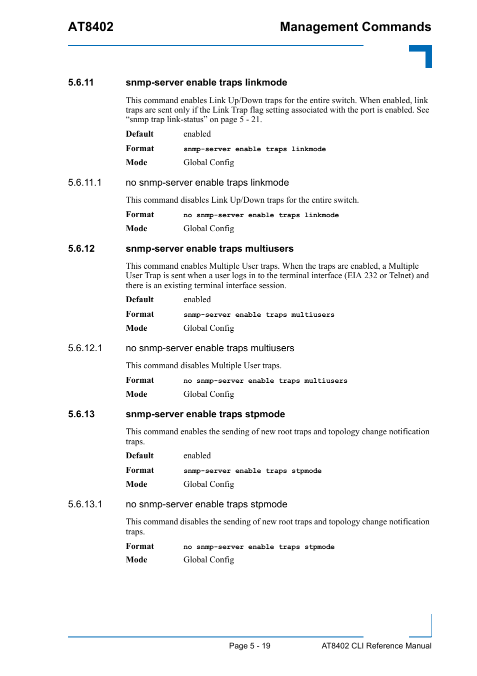 11 snmp-server enable traps linkmode, 12 snmp-server enable traps multiusers, 13 snmp-server enable traps stpmode | At8402 management commands | Kontron AT8402 CLI User Manual | Page 209 / 253
