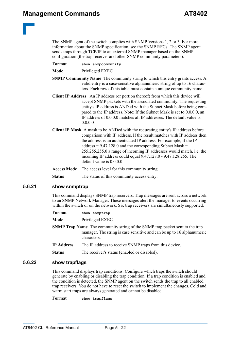 21 show snmptrap, 22 show trapflags, 21 show snmptrap - 22 5.6.22 show trapflags - 22 | Management commands at8402 | Kontron AT8402 CLI User Manual | Page 212 / 253