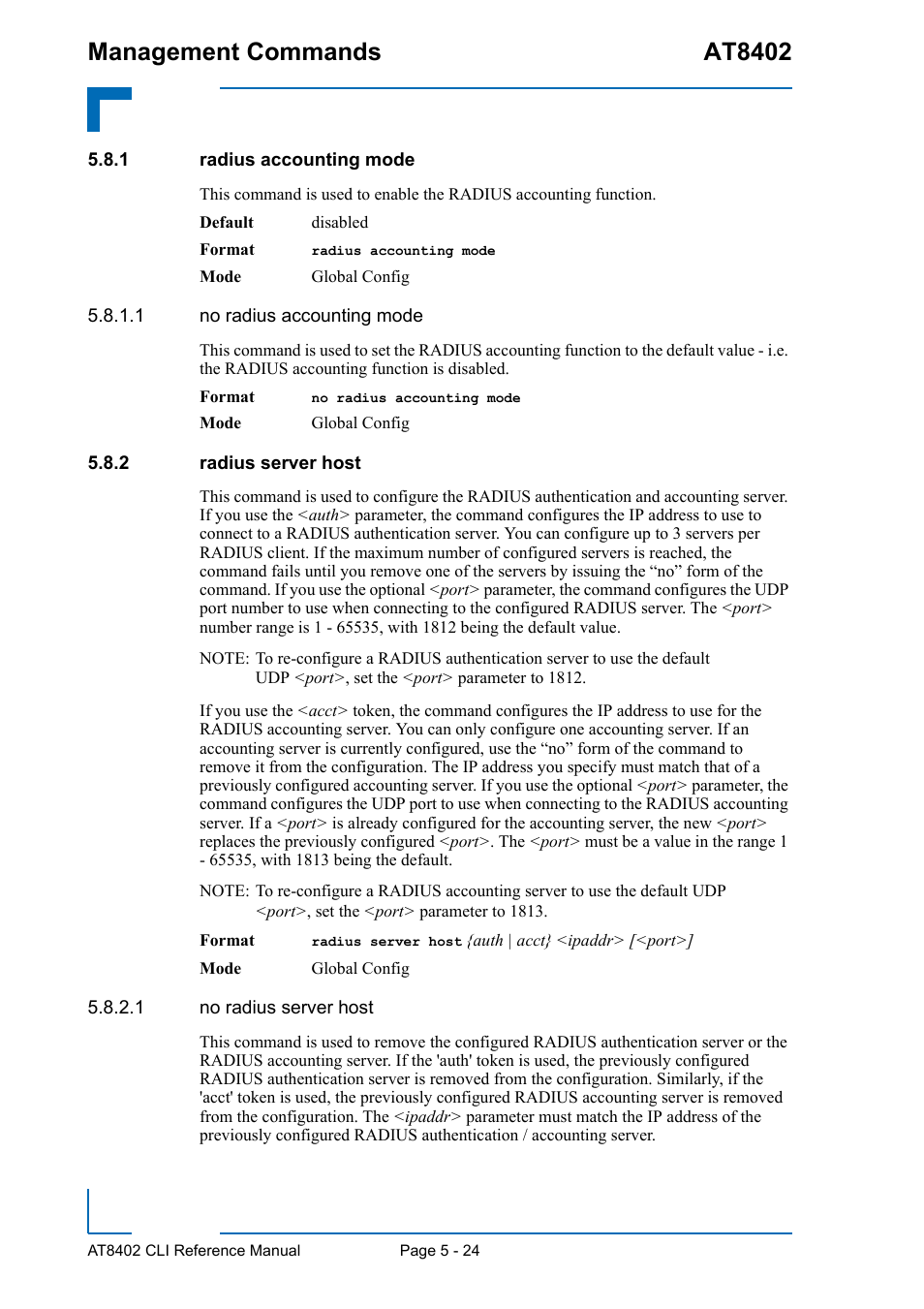 1 radius accounting mode, 2 radius server host, Radius accounting mode - 24 | Radius server host - 24, Management commands at8402 | Kontron AT8402 CLI User Manual | Page 214 / 253