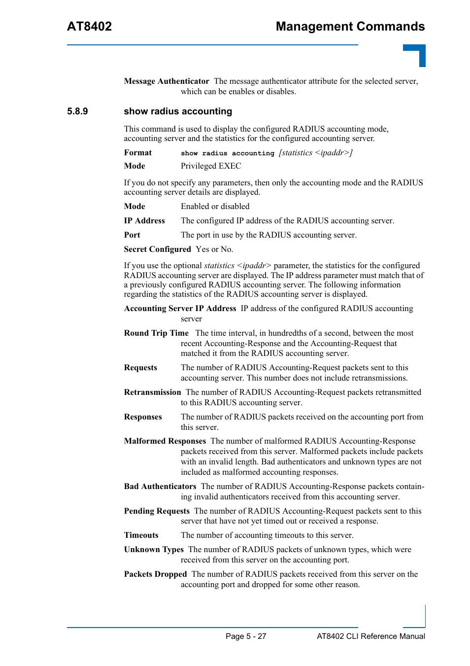 9 show radius accounting, Show radius accounting - 27, At8402 management commands | Kontron AT8402 CLI User Manual | Page 217 / 253