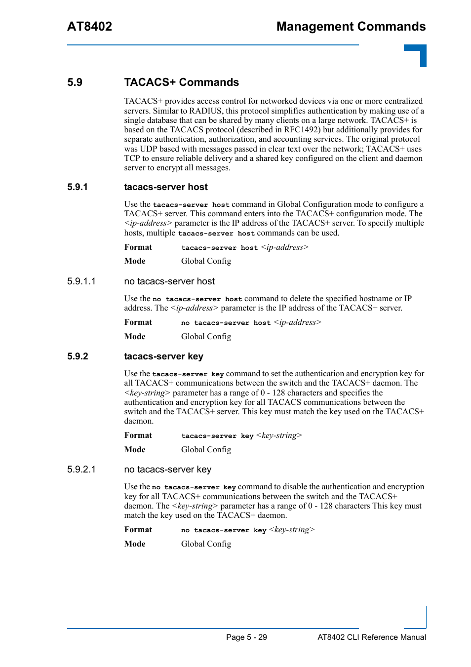 9 tacacs+ commands, 1 tacacs-server host, 2 tacacs-server key | 9 tacacs+ commands - 29, Tacacs-server host - 29, Tacacs-server key - 29, At8402 management commands | Kontron AT8402 CLI User Manual | Page 219 / 253