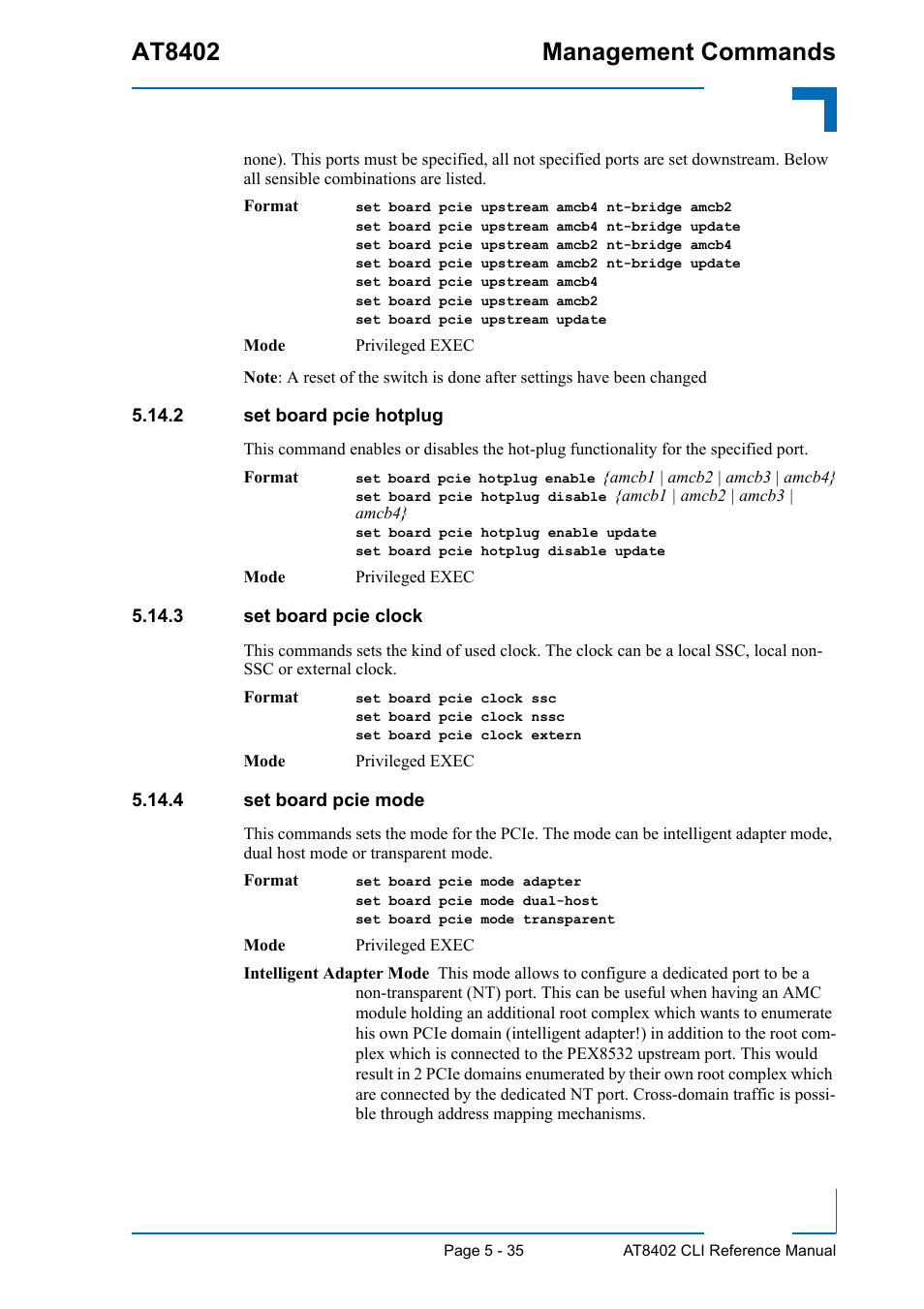 2 set board pcie hotplug, 3 set board pcie clock, 4 set board pcie mode | At8402 management commands | Kontron AT8402 CLI User Manual | Page 225 / 253