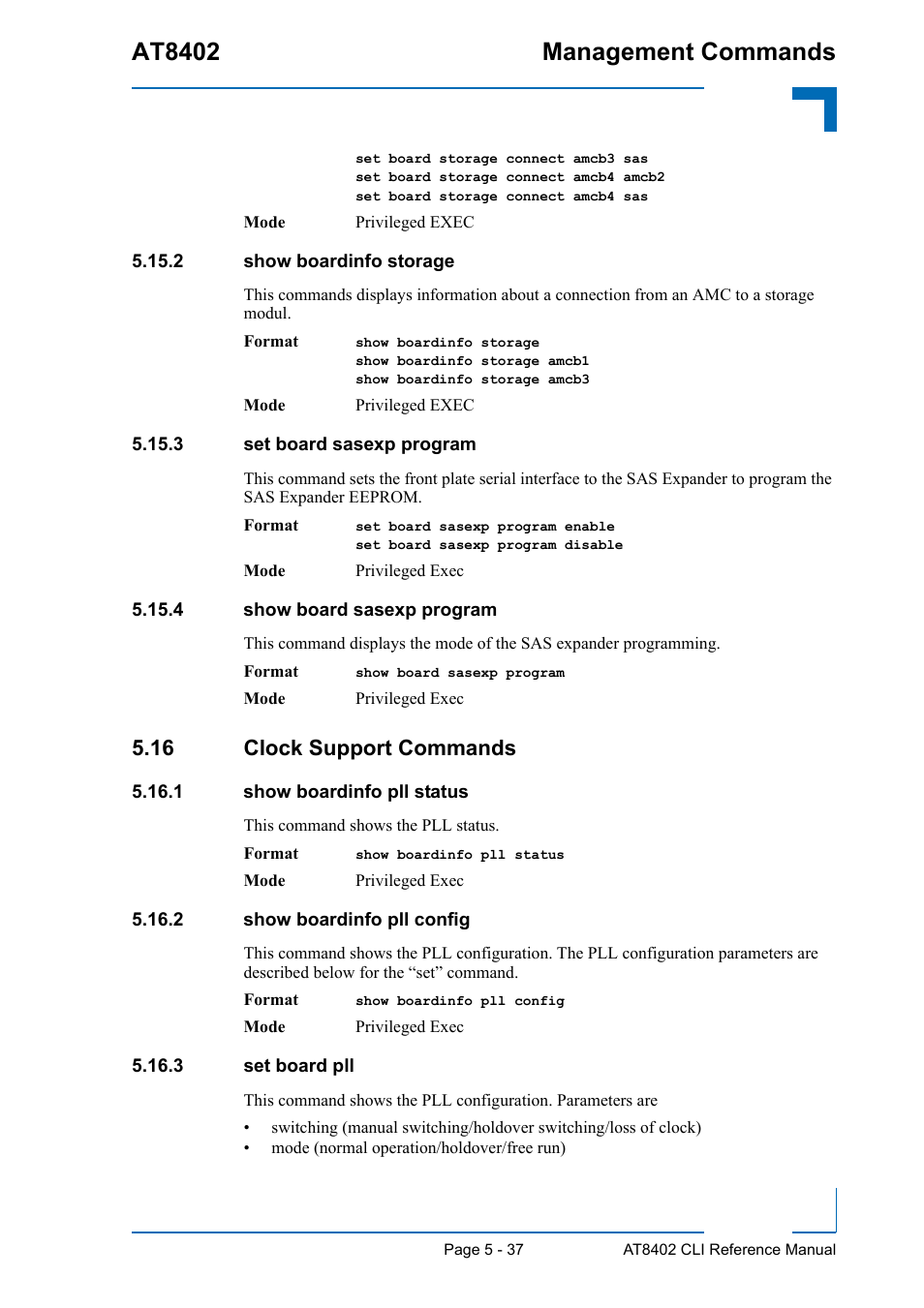 2 show boardinfo storage, 3 set board sasexp program, 4 show board sasexp program | 16 clock support commands, 1 show boardinfo pll status, 2 show boardinfo pll config, 3 set board pll, 16 clock support commands - 37, At8402 management commands | Kontron AT8402 CLI User Manual | Page 227 / 253