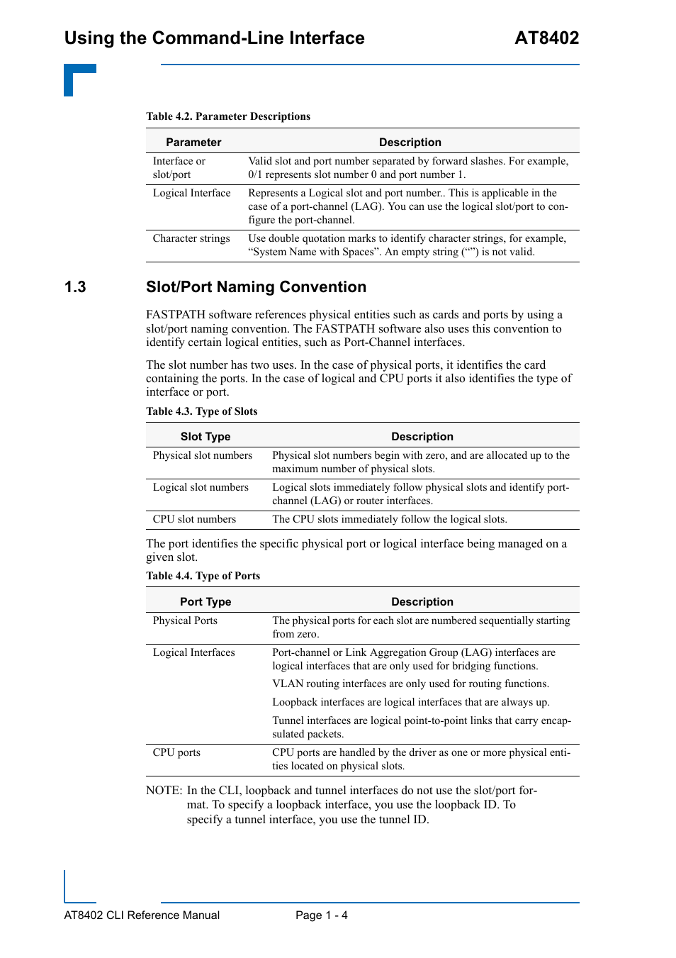 3 slot/port naming convention, 3 slot/port naming convention - 4, Using the command-line interface at8402 | Kontron AT8402 CLI User Manual | Page 26 / 253