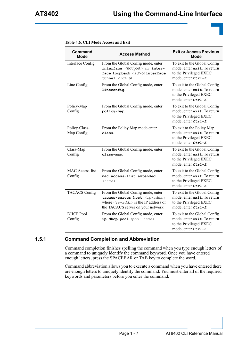 1 command completion and abbreviation, Command completion and abbreviation - 7, At8402 using the command-line interface | Kontron AT8402 CLI User Manual | Page 29 / 253