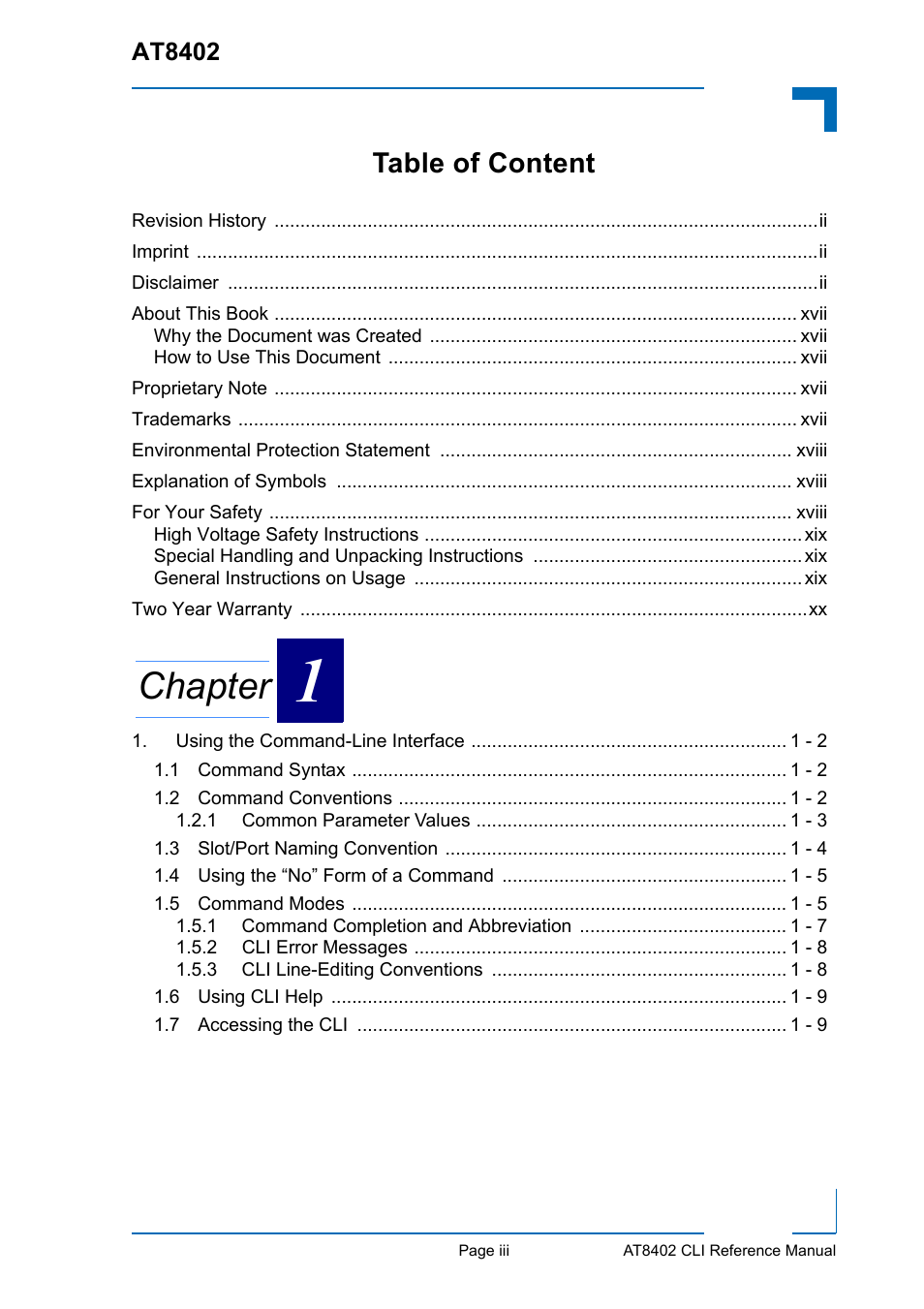 Table of content, Chapter | Kontron AT8402 CLI User Manual | Page 3 / 253