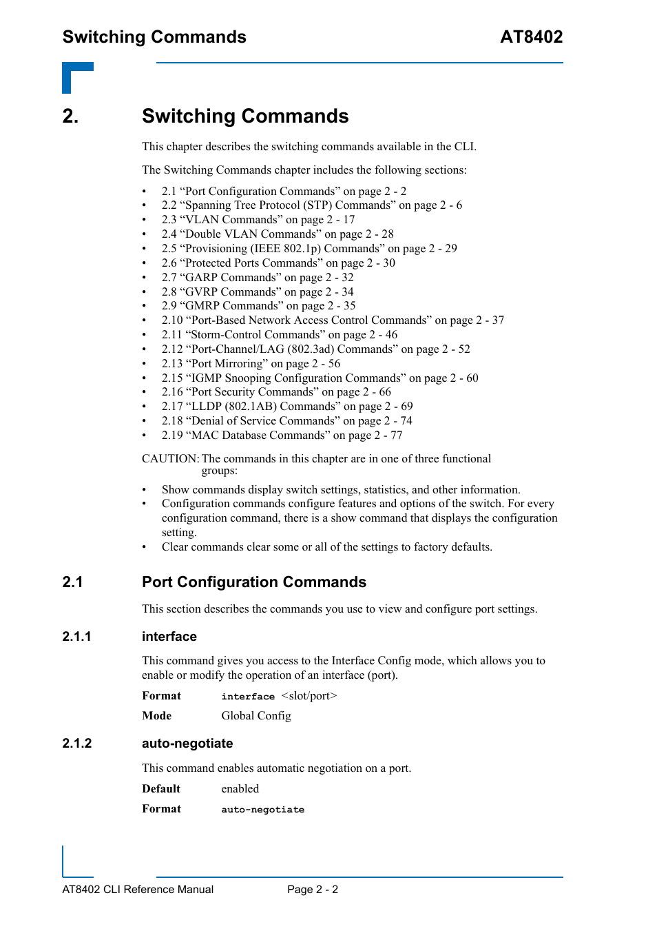 Switching commands, 1 port configuration commands, 1 interface | 2 auto-negotiate, Switching commands - 2, 1 port configuration commands - 2, Interface - 2, Auto-negotiate - 2, Switching commands at8402 | Kontron AT8402 CLI User Manual | Page 34 / 253