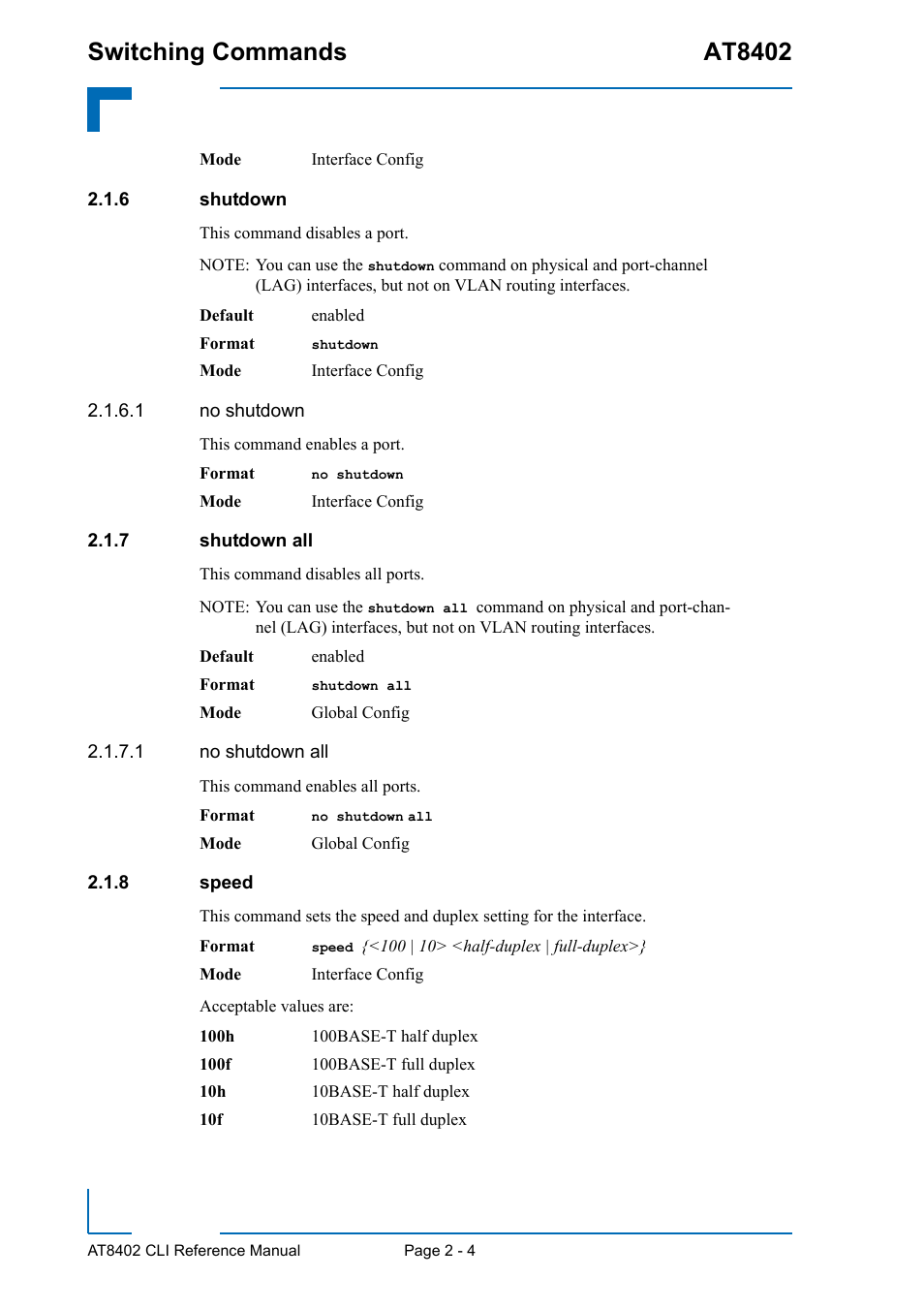 6 shutdown, 7 shutdown all, 8 speed | Shutdown - 4, Shutdown all - 4, Speed - 4, Switching commands at8402 | Kontron AT8402 CLI User Manual | Page 36 / 253