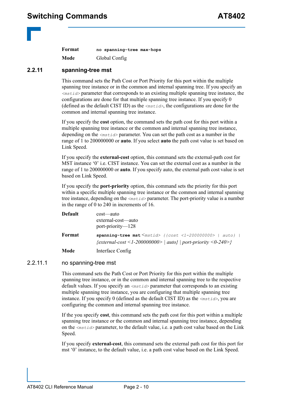 11 spanning-tree mst, 11 spanning-tree mst - 10, Switching commands at8402 | Kontron AT8402 CLI User Manual | Page 42 / 253