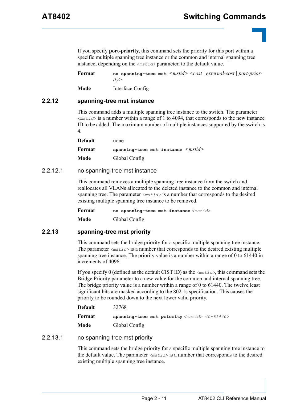 12 spanning-tree mst instance, 13 spanning-tree mst priority, At8402 switching commands | Kontron AT8402 CLI User Manual | Page 43 / 253