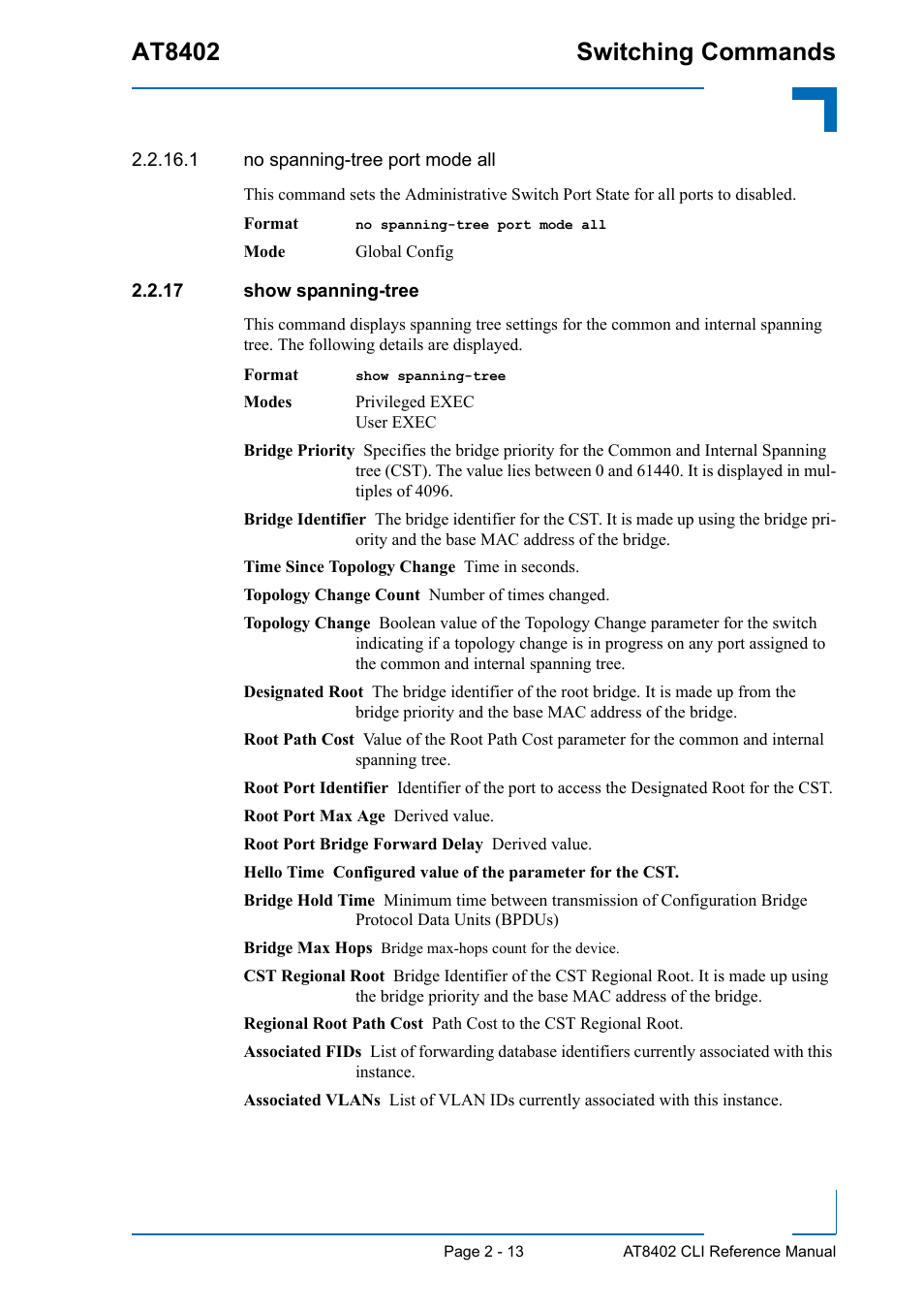 17 show spanning-tree, 17 show spanning-tree - 13, At8402 switching commands | Kontron AT8402 CLI User Manual | Page 45 / 253