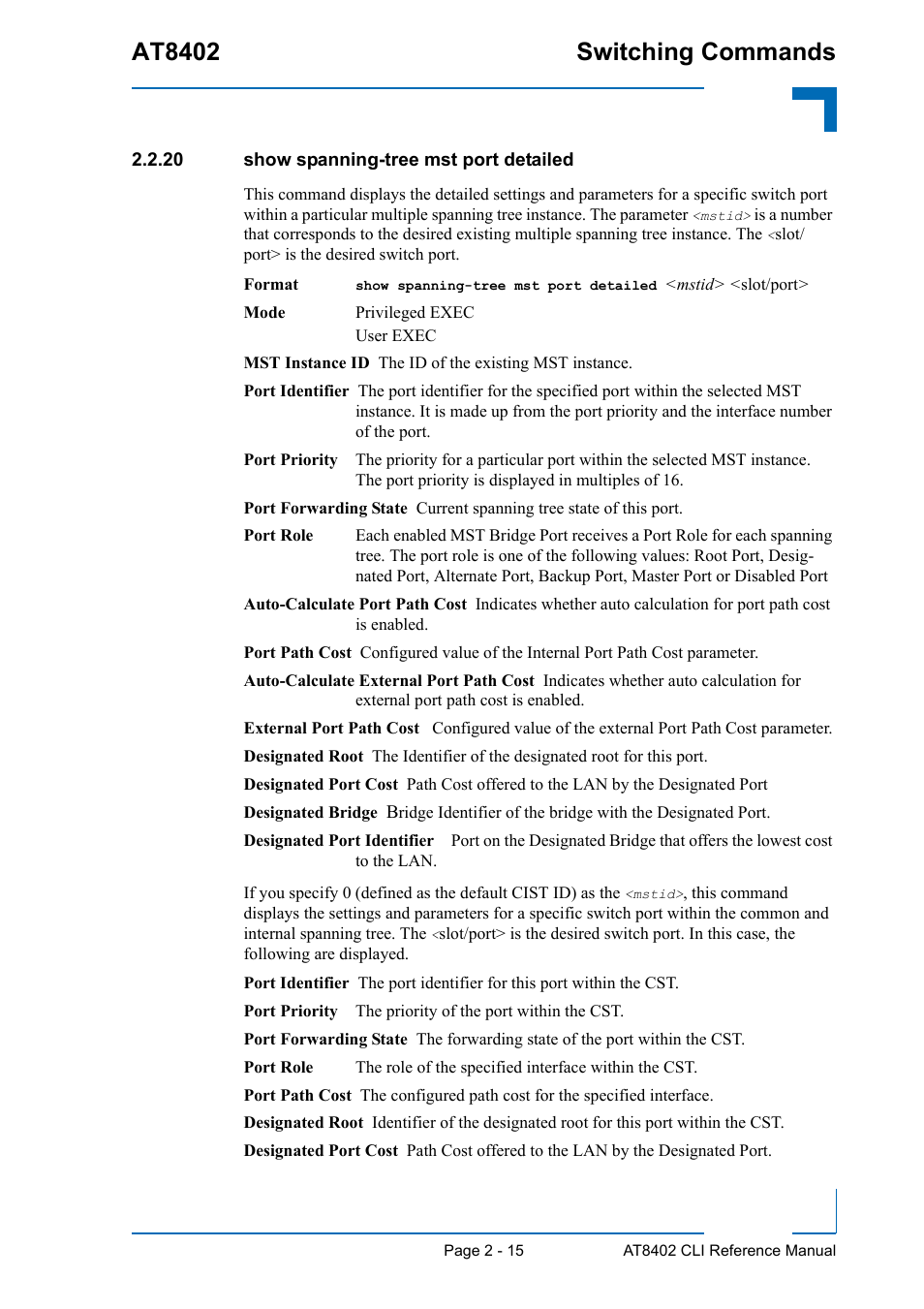 20 show spanning-tree mst port detailed, 20 show spanning-tree mst port detailed - 15, At8402 switching commands | Kontron AT8402 CLI User Manual | Page 47 / 253