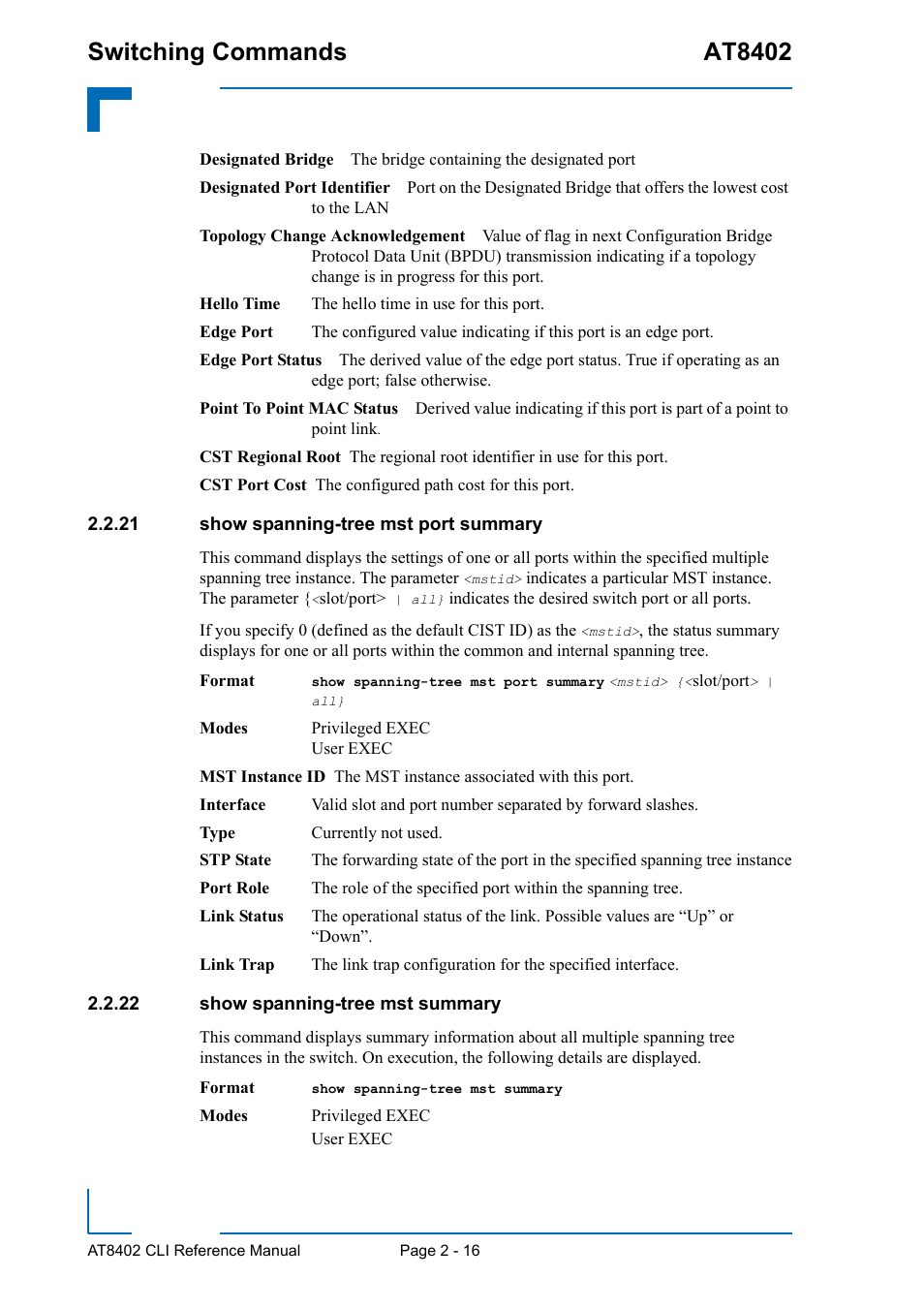 21 show spanning-tree mst port summary, 22 show spanning-tree mst summary, Switching commands at8402 | Kontron AT8402 CLI User Manual | Page 48 / 253