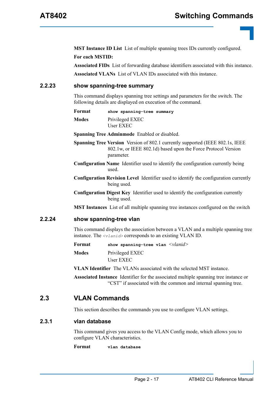 23 show spanning-tree summary, 24 show spanning-tree vlan, 3 vlan commands | 1 vlan database, 3 vlan commands - 17, Vlan database - 17, At8402 switching commands | Kontron AT8402 CLI User Manual | Page 49 / 253