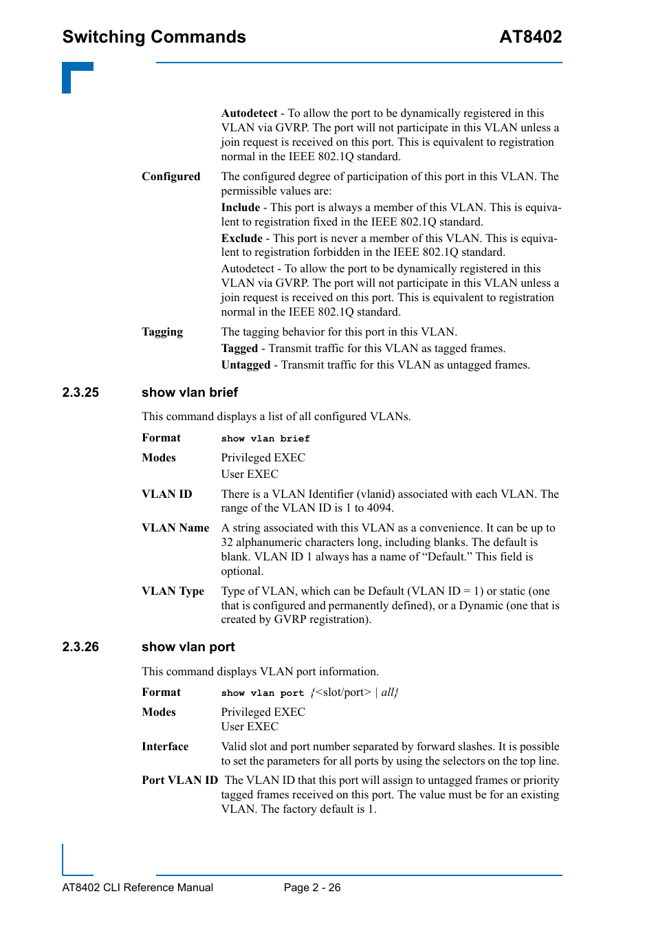 25 show vlan brief, 26 show vlan port, 25 show vlan brief - 26 2.3.26 show vlan port - 26 | Switching commands at8402 | Kontron AT8402 CLI User Manual | Page 58 / 253