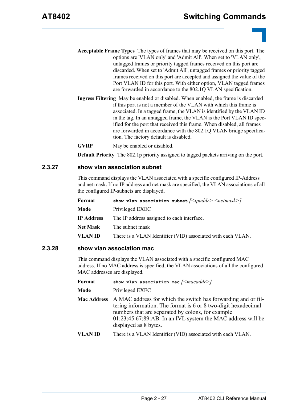 27 show vlan association subnet, 28 show vlan association mac, At8402 switching commands | Kontron AT8402 CLI User Manual | Page 59 / 253