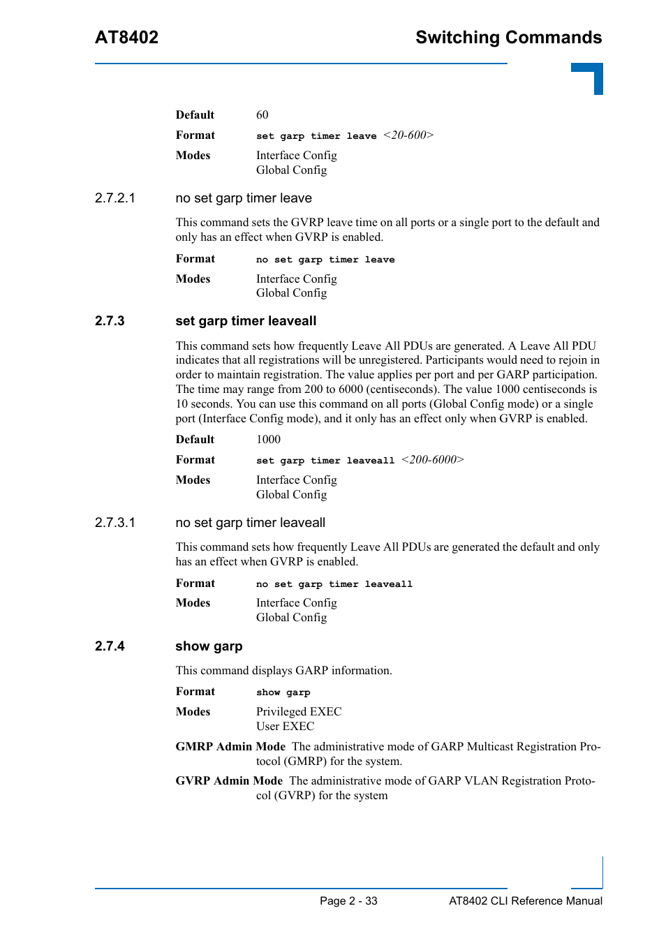 3 set garp timer leaveall, 4 show garp, Set garp timer leaveall - 33 | Show garp - 33, At8402 switching commands | Kontron AT8402 CLI User Manual | Page 65 / 253