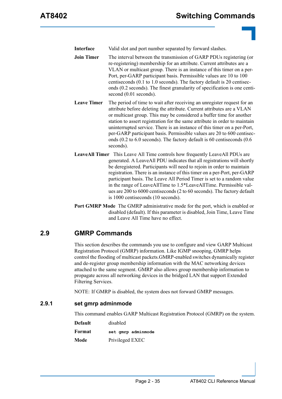 9 gmrp commands, 1 set gmrp adminmode, 9 gmrp commands - 35 | Set gmrp adminmode - 35, At8402 switching commands | Kontron AT8402 CLI User Manual | Page 67 / 253