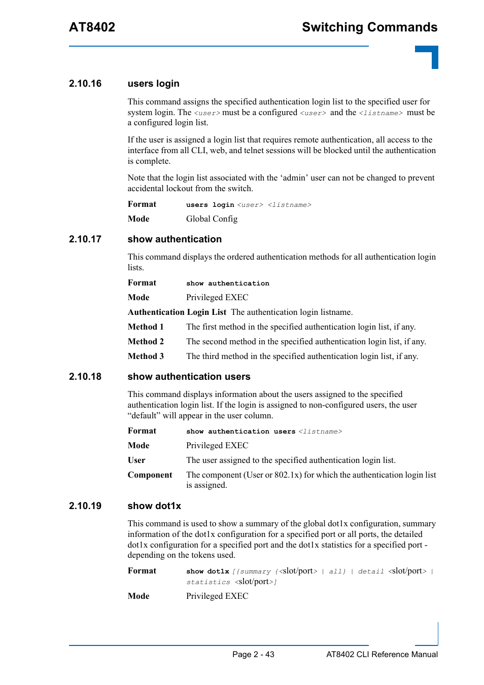 16 users login, 17 show authentication, 18 show authentication users | 19 show dot1x, At8402 switching commands | Kontron AT8402 CLI User Manual | Page 75 / 253