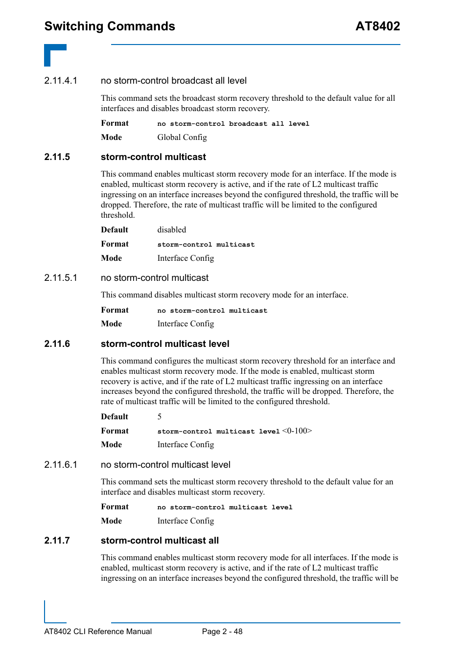 5 storm-control multicast, 6 storm-control multicast level, 7 storm-control multicast all | Switching commands at8402 | Kontron AT8402 CLI User Manual | Page 80 / 253
