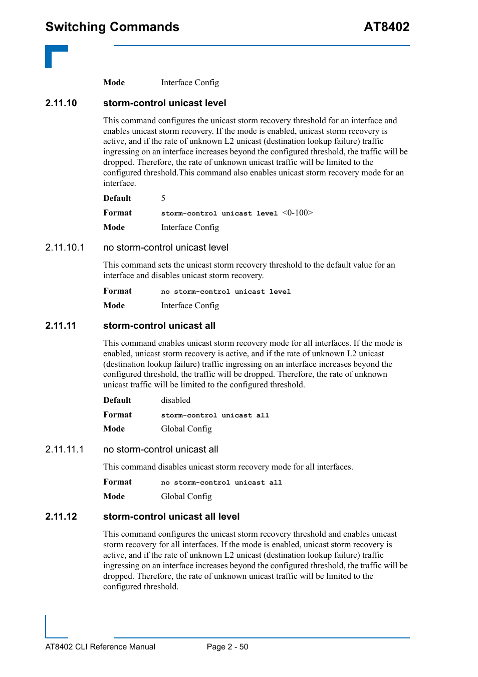 10 storm-control unicast level, 11 storm-control unicast all, 12 storm-control unicast all level | 12 storm-control unicast all level - 50, Switching commands at8402 | Kontron AT8402 CLI User Manual | Page 82 / 253