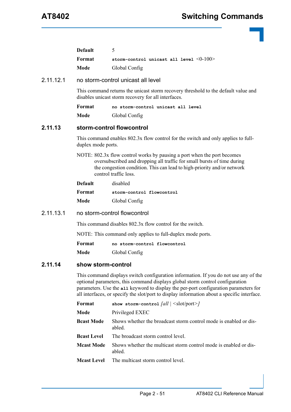 13 storm-control flowcontrol, 14 show storm-control, At8402 switching commands | Kontron AT8402 CLI User Manual | Page 83 / 253