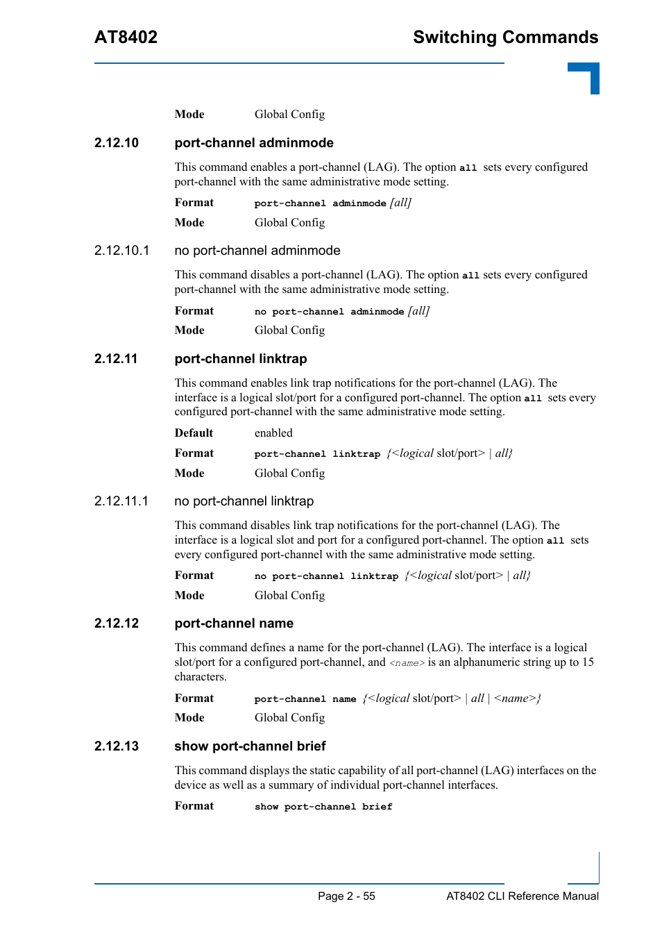 10 port-channel adminmode, 11 port-channel linktrap, 12 port-channel name | 13 show port-channel brief, At8402 switching commands | Kontron AT8402 CLI User Manual | Page 87 / 253