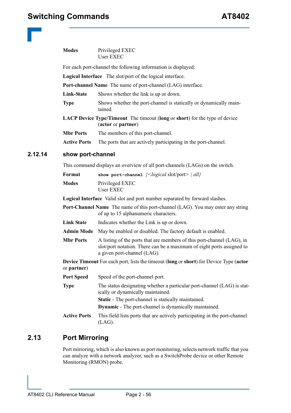 14 show port-channel, 13 port mirroring, 14 show port-channel - 56 | 13 port mirroring - 56, Switching commands at8402 | Kontron AT8402 CLI User Manual | Page 88 / 253