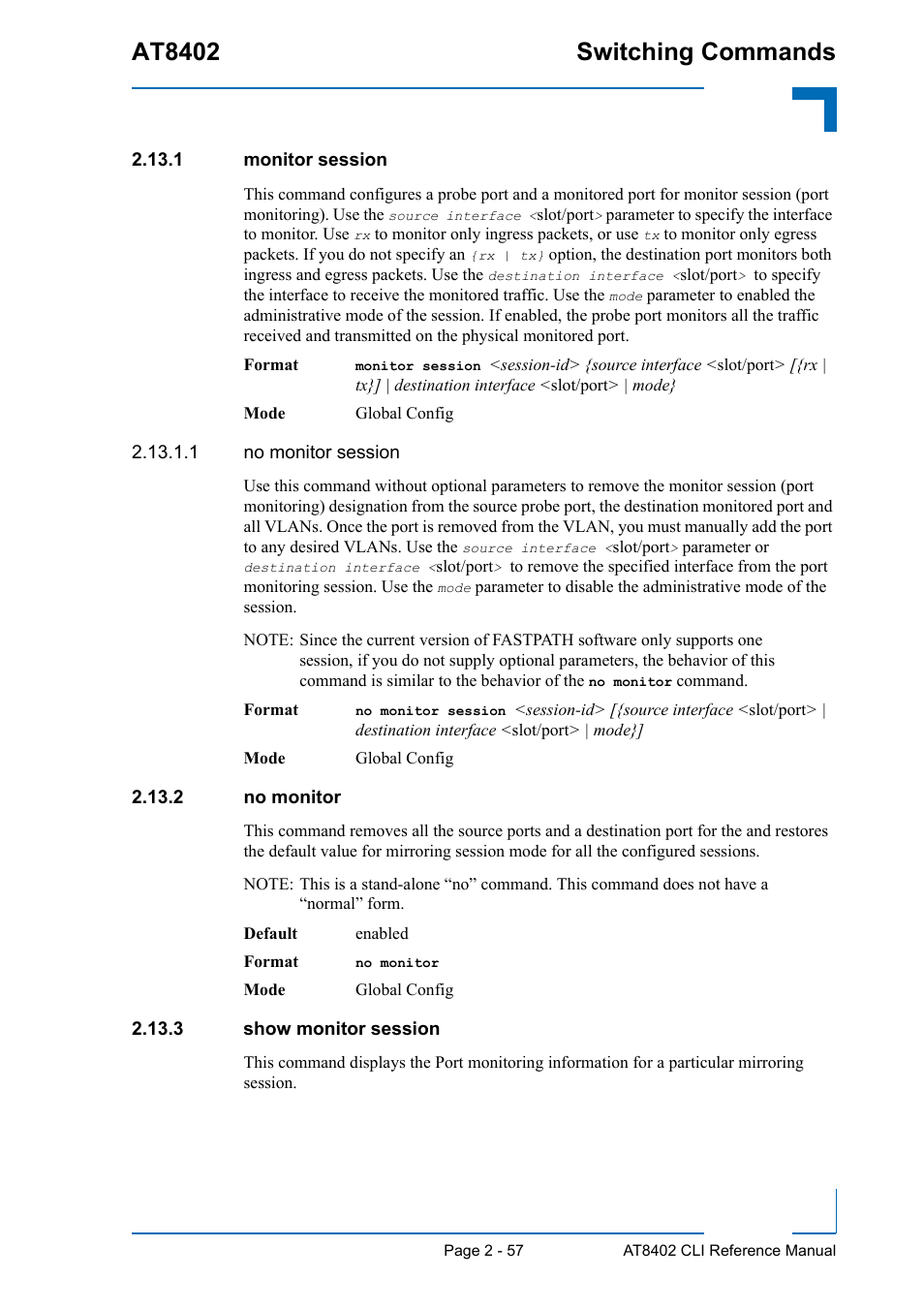 1 monitor session, 2 no monitor, 3 show monitor session | At8402 switching commands | Kontron AT8402 CLI User Manual | Page 89 / 253