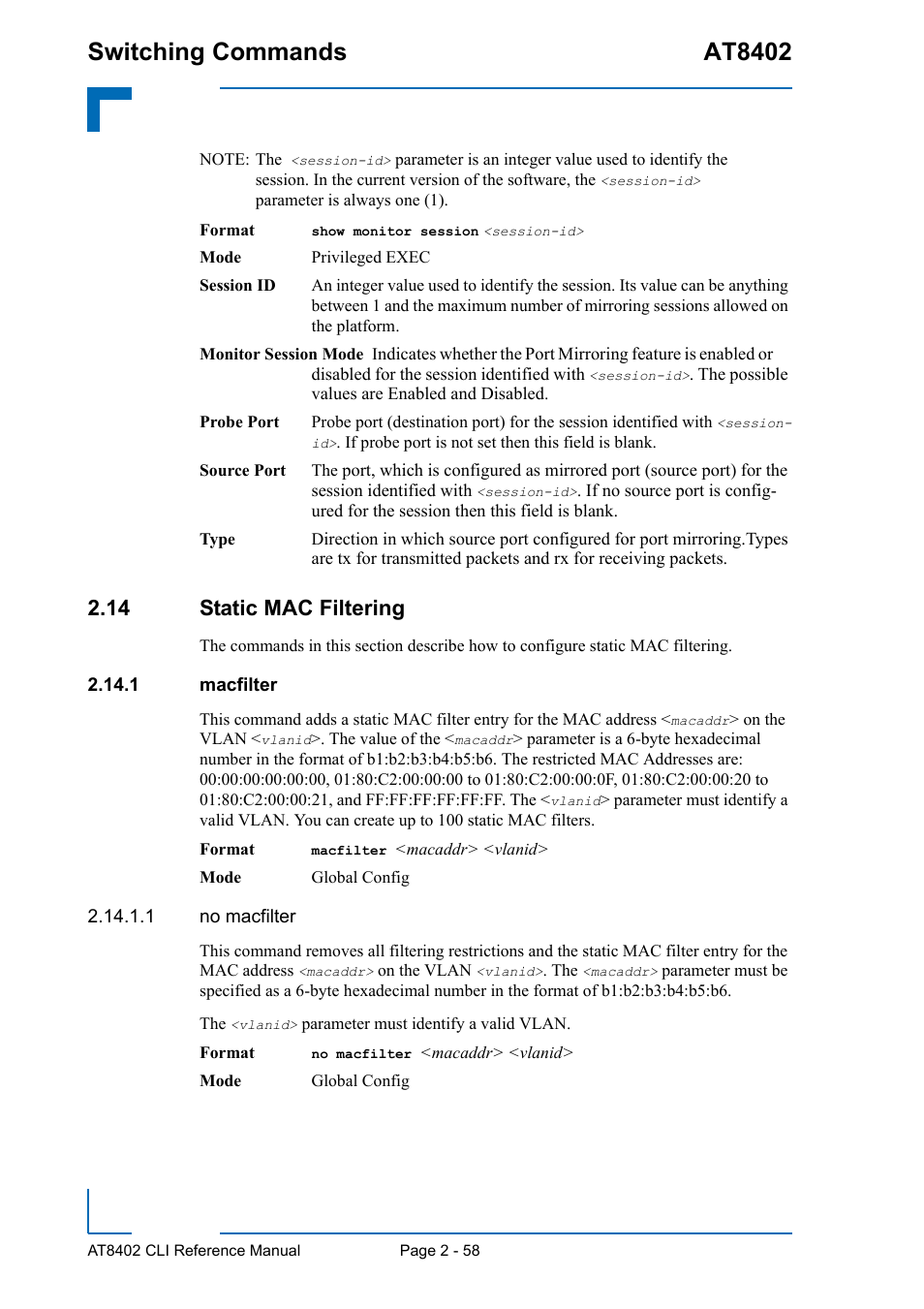 14 static mac filtering, 1 macfilter, 14 static mac filtering - 58 | 1 macfilter - 58, Switching commands at8402 | Kontron AT8402 CLI User Manual | Page 90 / 253