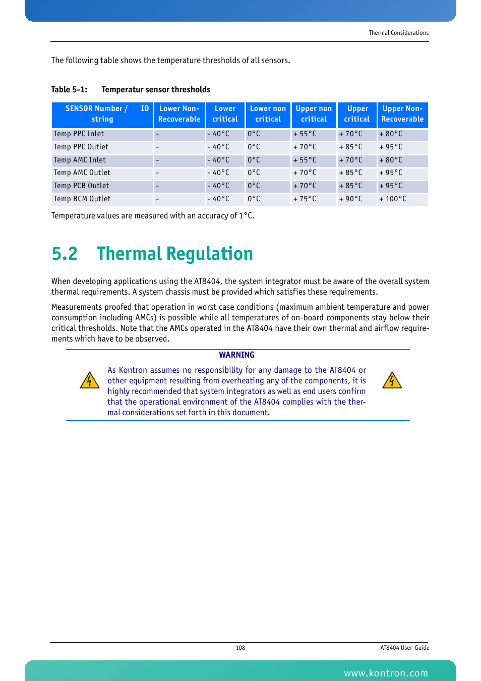 2 thermal regulation, Table 5-1: temperatur sensor thresholds | Kontron AT8404 User Manual | Page 121 / 132