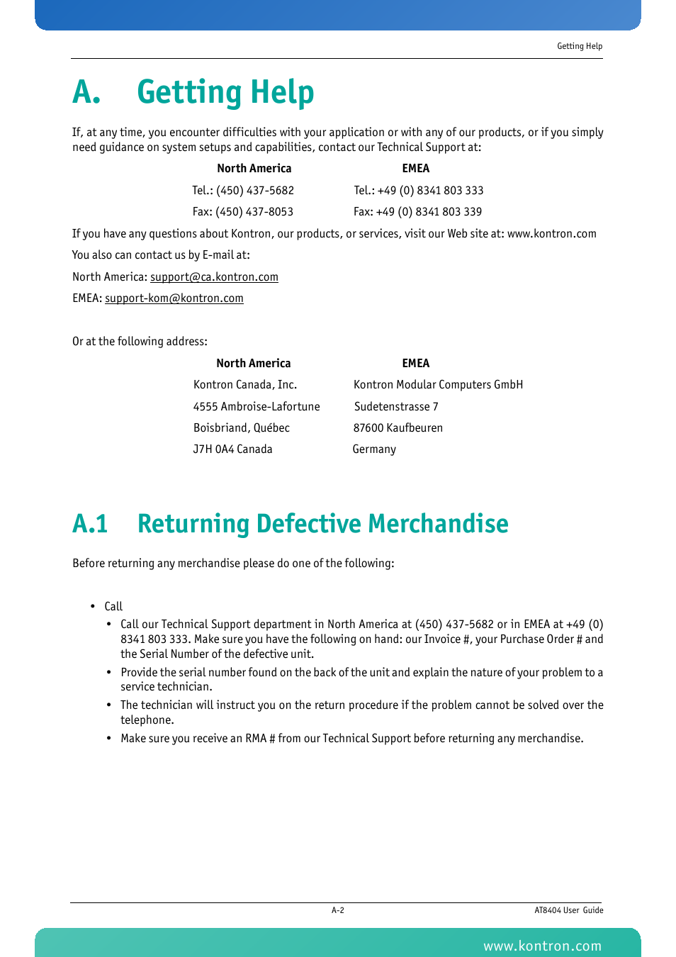 A. getting help, A.1 returning defective merchandise | Kontron AT8404 User Manual | Page 125 / 132