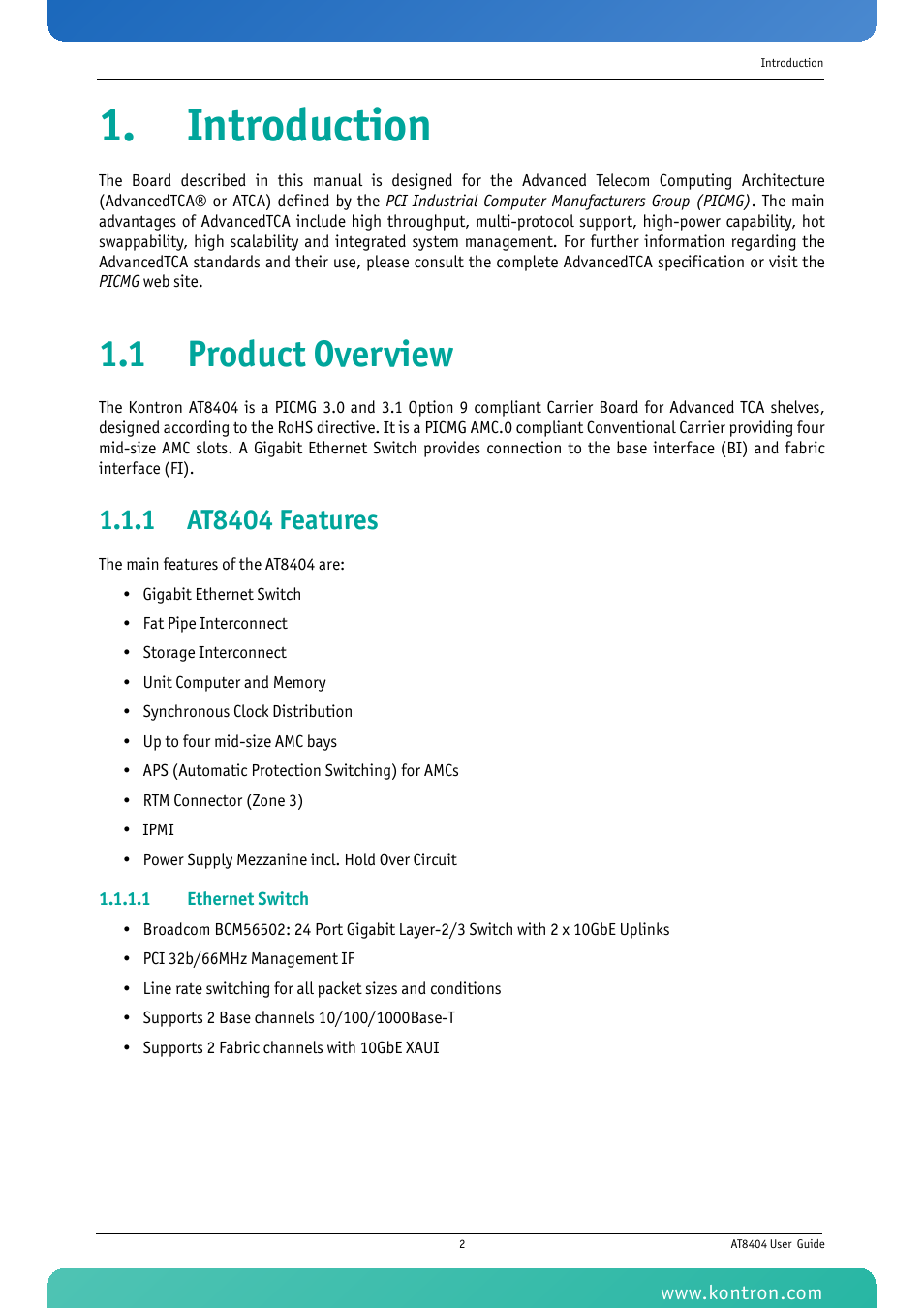 Introduction, 1 product overview, 1 at8404 features | Kontron AT8404 User Manual | Page 15 / 132