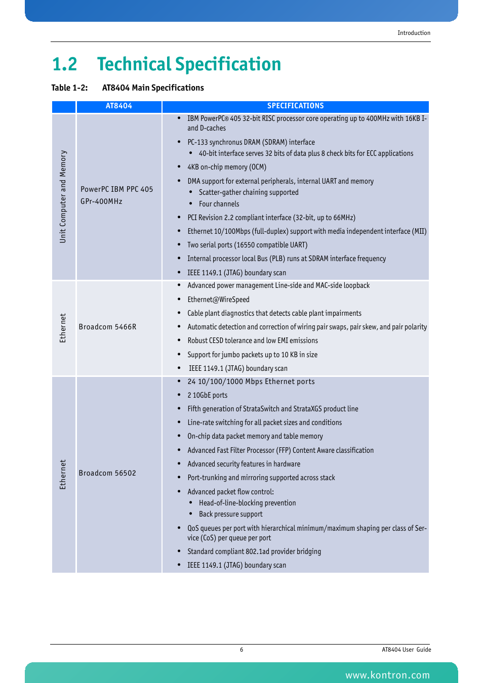 2 technical specification, Table 1-2: at8404 main specifications | Kontron AT8404 User Manual | Page 19 / 132