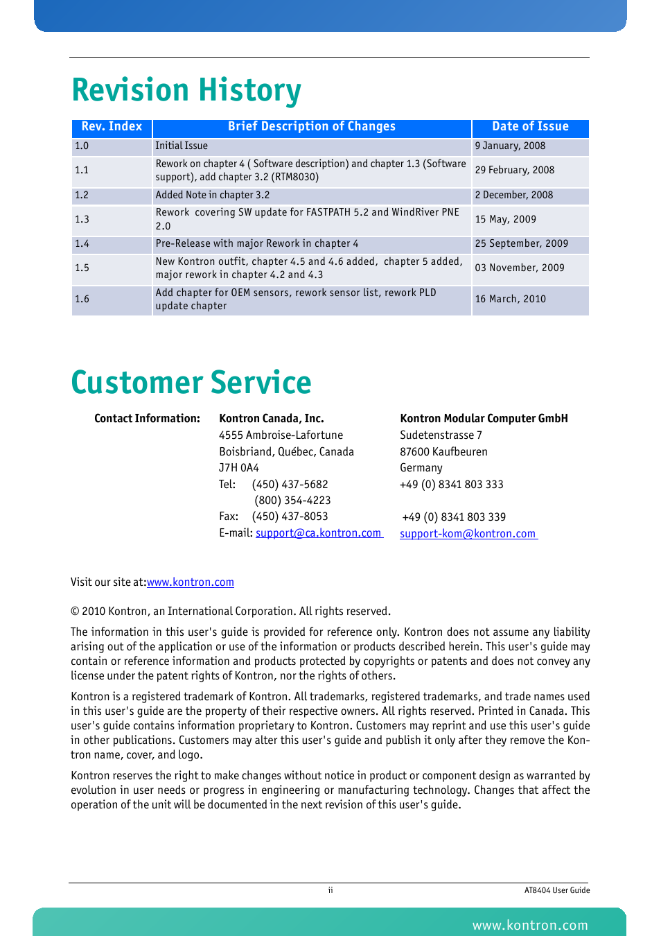 Revision history, Customer service, Revision history customer service | Kontron AT8404 User Manual | Page 2 / 132