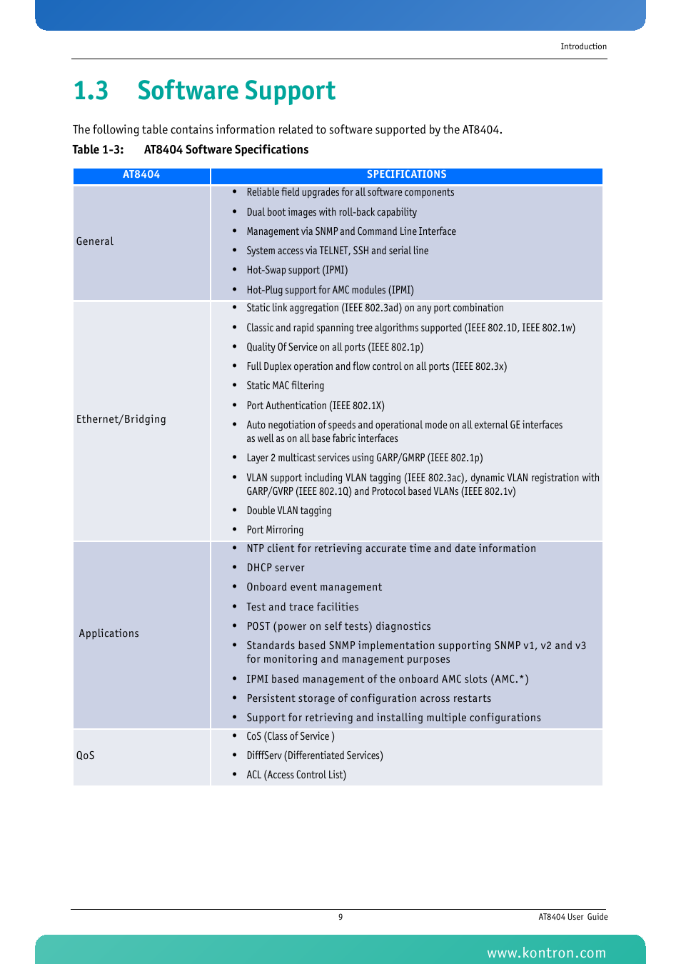 3 software support, Table 1-3: at8404 software specifications | Kontron AT8404 User Manual | Page 22 / 132