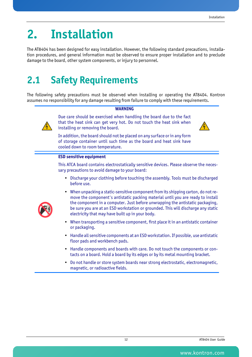 Installation, 1 safety requirements | Kontron AT8404 User Manual | Page 25 / 132