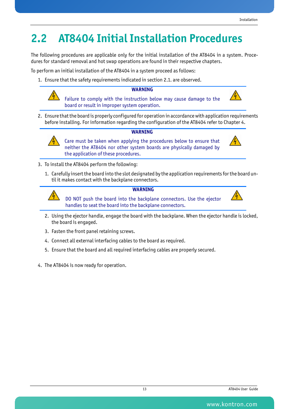 2 at8404 initial installation procedures | Kontron AT8404 User Manual | Page 26 / 132