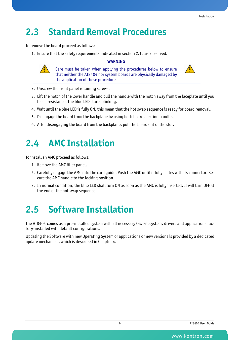 3 standard removal procedures, 4 amc installation, 5 software installation | Kontron AT8404 User Manual | Page 27 / 132