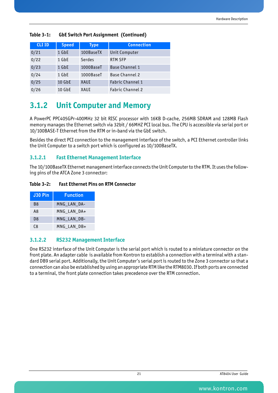 2 unit computer and memory, Table 3-2: fast ethernet pins on rtm connector | Kontron AT8404 User Manual | Page 34 / 132