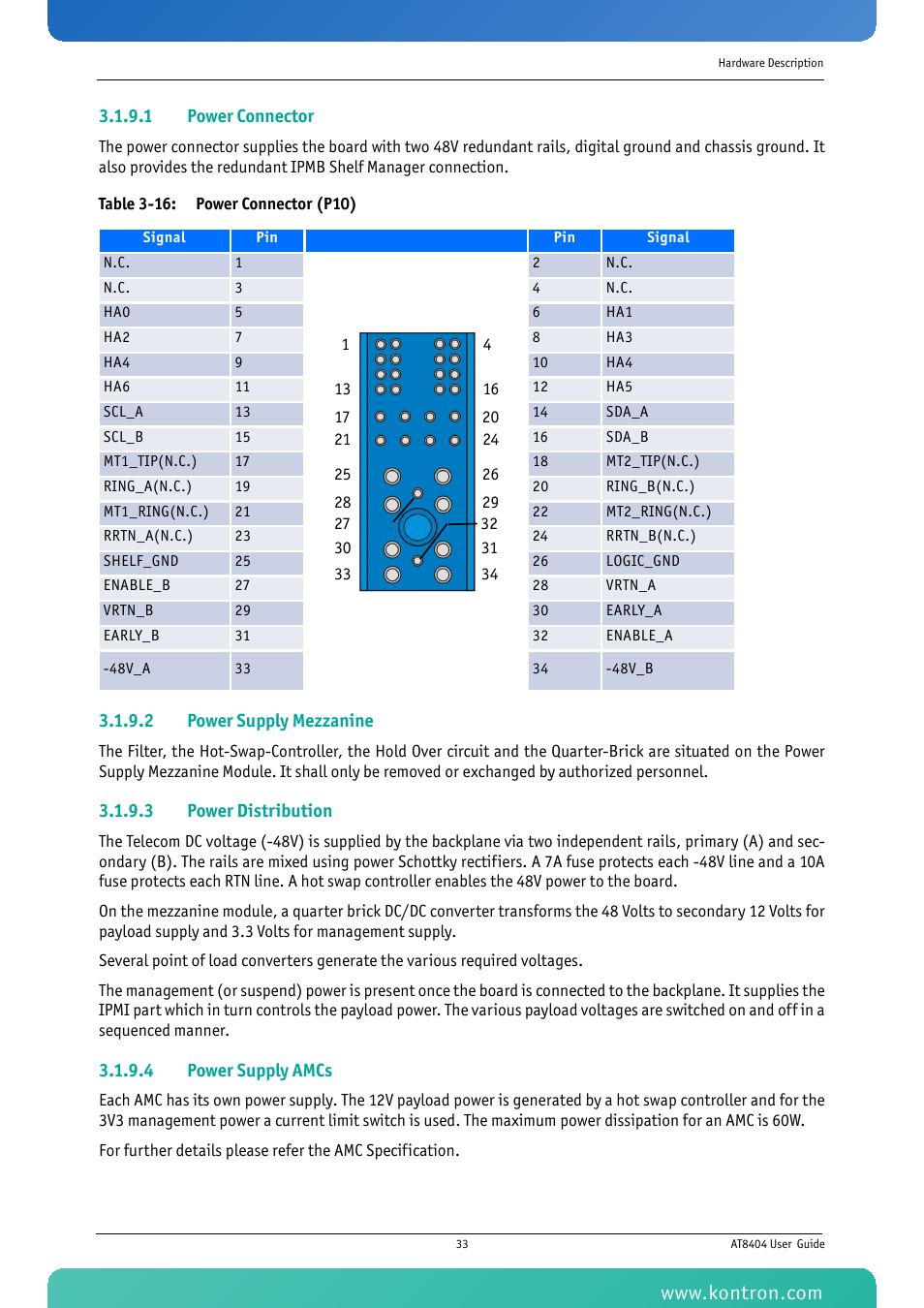 Table 3-16: power connector (p10) | Kontron AT8404 User Manual | Page 46 / 132