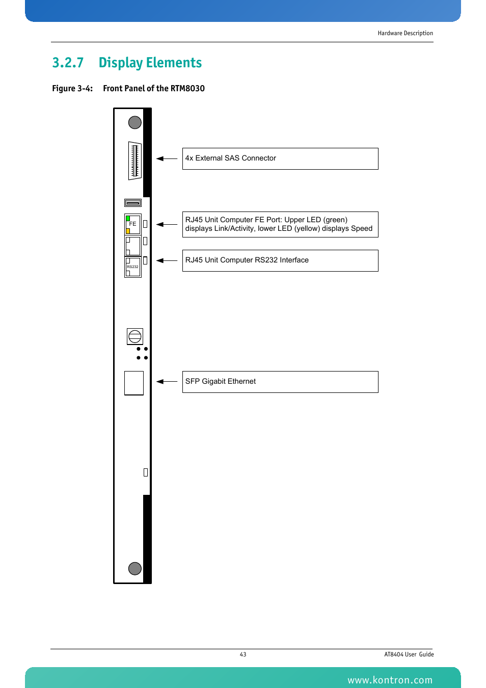 7 display elements, Figure 3-4: front panel of the rtm8030 | Kontron AT8404 User Manual | Page 56 / 132