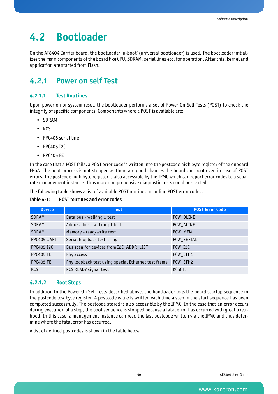 2 bootloader, 1 power on self test, Table 4-1: post routines and error codes | Kontron AT8404 User Manual | Page 63 / 132